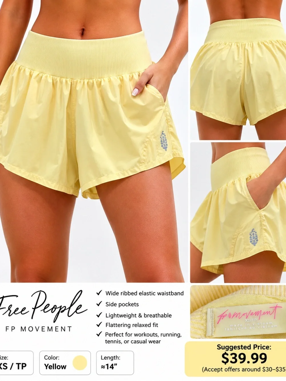 Free People FP Movement Women’s Yellow Athletic Shorts XS Activewear